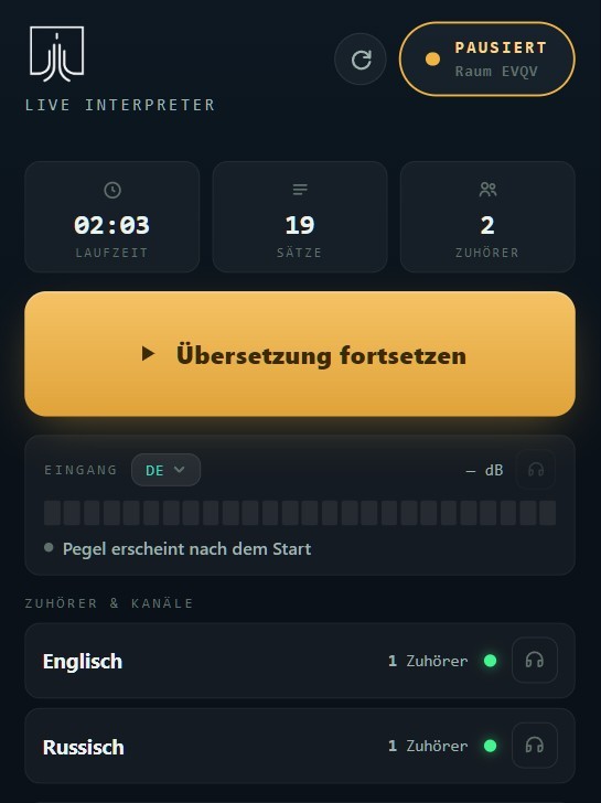 Host-Ansicht „Pausiert“ mit dem Button „Übersetzung fortsetzen“ und weiterhin verbundenen Zuhörern