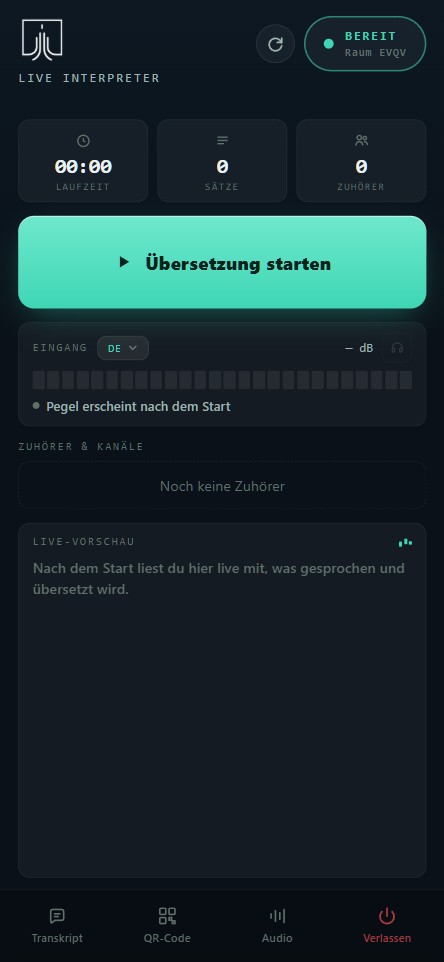 Host-Live-Ansicht im Zustand „Bereit“ mit Start-Knopf