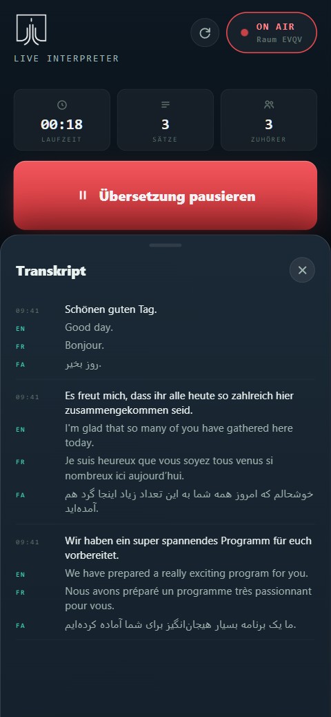 Host-Live-Ansicht „On Air“ mit Statusanzeige und mehrsprachigem Transkript