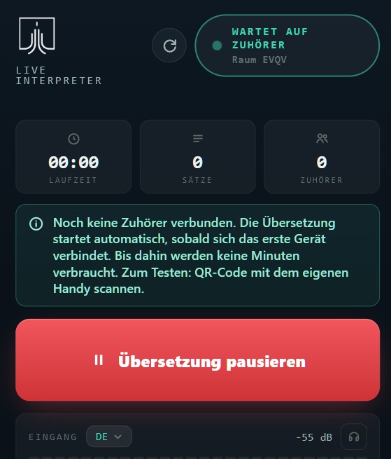 Host-Ansicht „Wartet auf Zuhörer“ mit Hinweis, dass die Übersetzung erst bei verbundenem Zuhörer startet