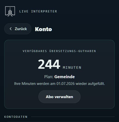 Konto-Seite mit Übersetzungs-Guthaben, Kontodaten und Statistik
