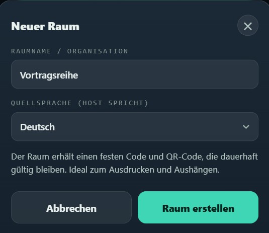 Dialog „Neuer Raum“ mit Raumname und Quellsprache