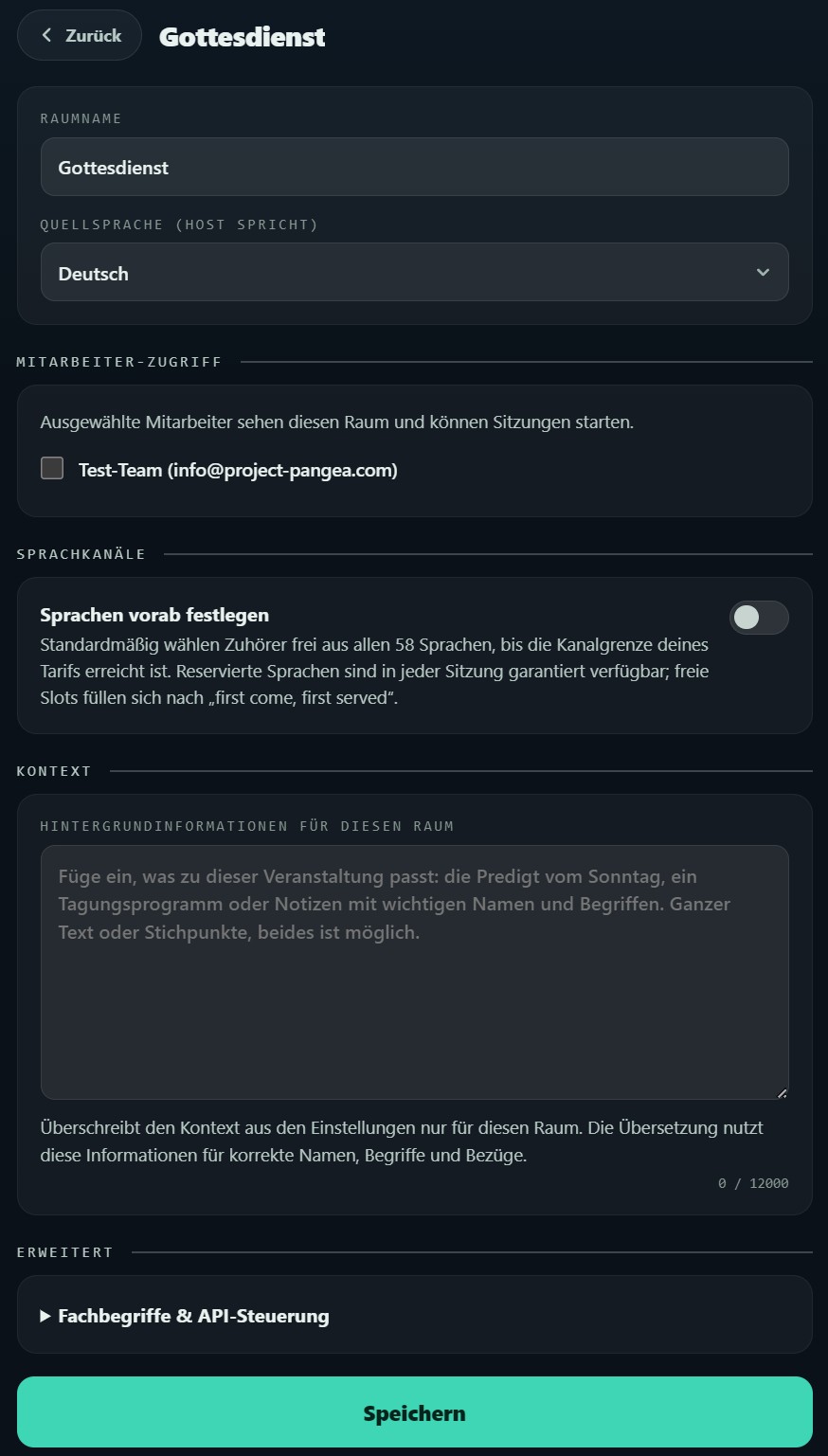 Raum bearbeiten mit Mitarbeiter-Zugriff, Sprachkanälen und Kontext