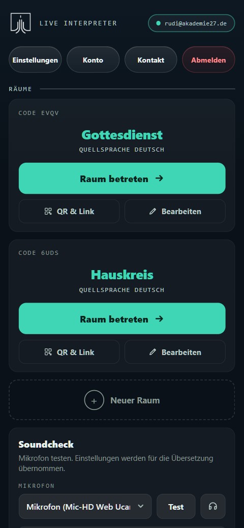 Verwaltung mit Raum-Karten, Soundcheck und der Tab-Leiste