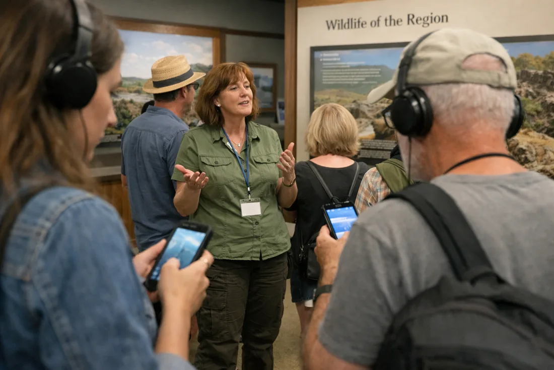 Museumsführerin erklärt ein Exponat, Besucher hören über Kopfhörer und Smartphone mit