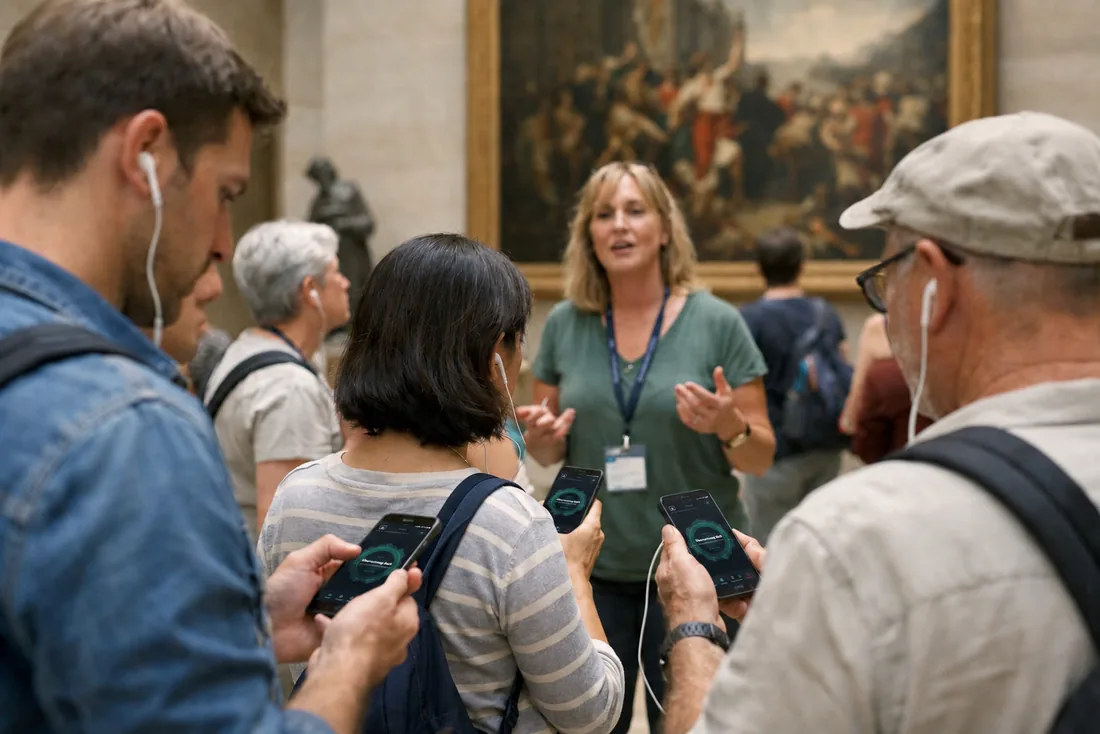 Museumsführung, Besucher hören über Kopfhörer mit