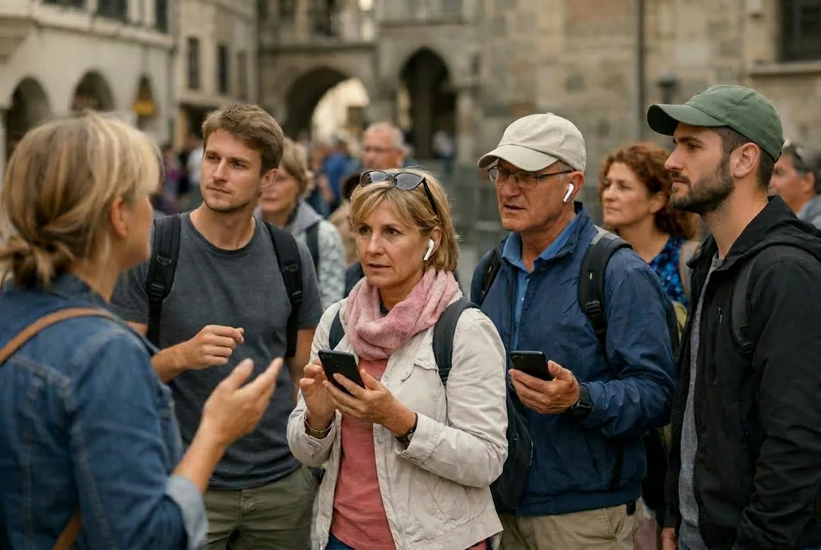 Gruppe hört der Stadtführung über Kopfhörer und Smartphone zu, ganz ohne App
