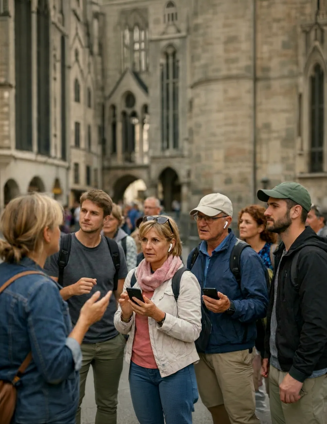 Gästeführer im Gespräch mit einer internationalen Gruppe vor historischer Kulisse