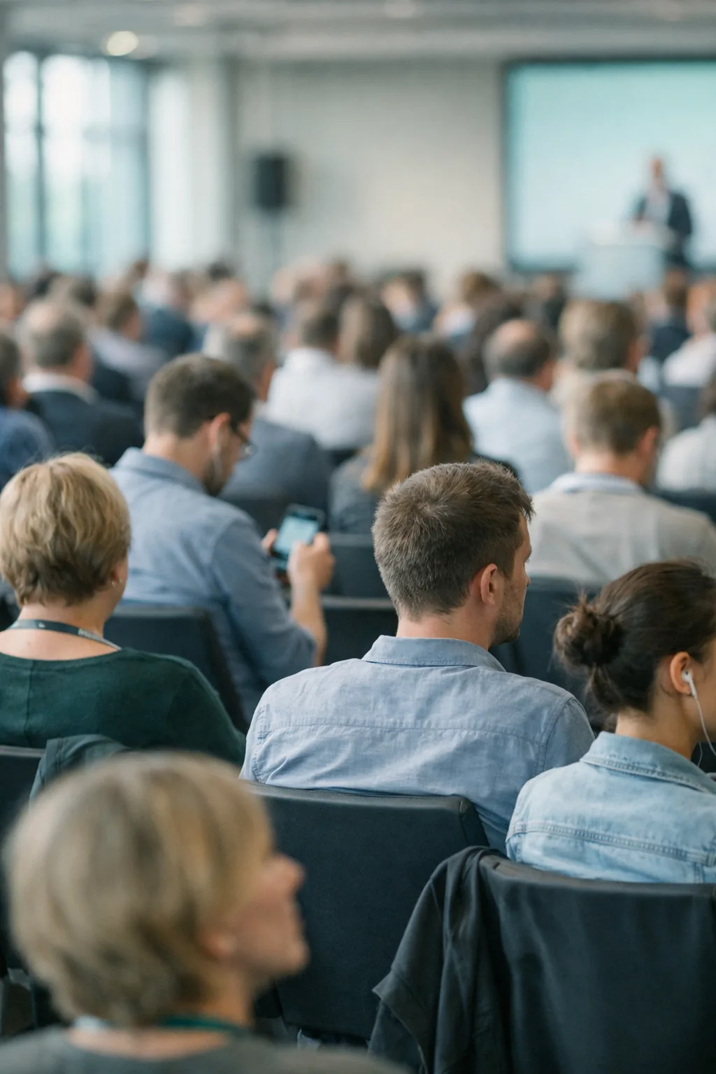 Internationales Publikum bei einer Präsentation, Teilnehmer hören über Smartphone und Kopfhörer mit